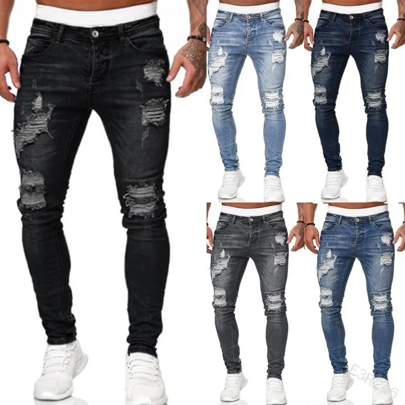 

Мужские рваные узкие джинсы, синие облегающие брюки-карандаш с дырками, повседневные байкерские брюки, уличная одежда 2022, джинсовая мужская одежда высокого качества