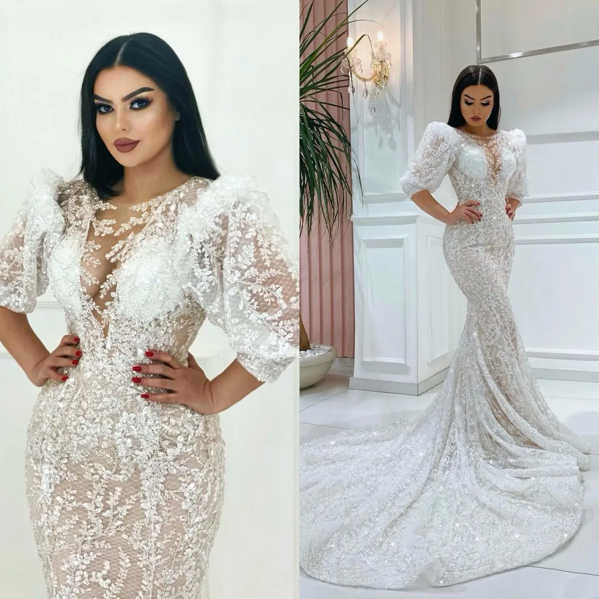 

Sheer V Neck Mermaid Wedding Dresses Floor Length Bridal Gowns Puff Half Sleeve Lace Applique Second Reception Gowns