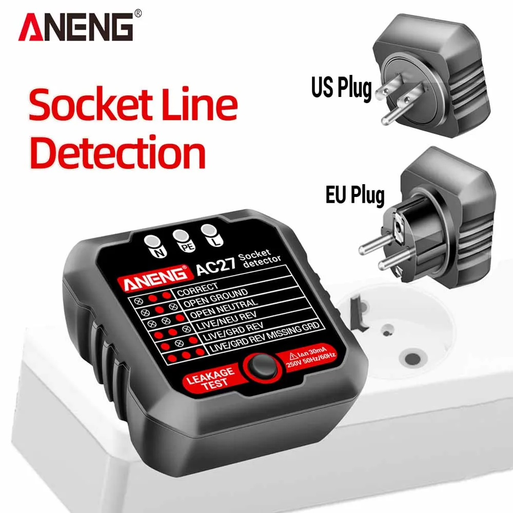 

ANENG AC27 Socket Tester Voltage Test Socket Detector Ground Zero Line Polarity Phase Check Tool Circuit Checker EU/US Plug