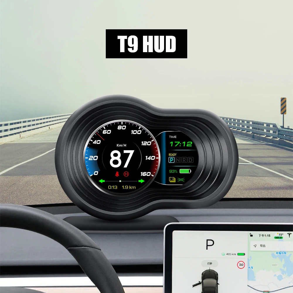 

For Tesla Model 3 Model Y HUD Remaining Battery Car Head Up Display T9 Overspeed Alarm Turn Signal Speedometer 6 Alarm Functions