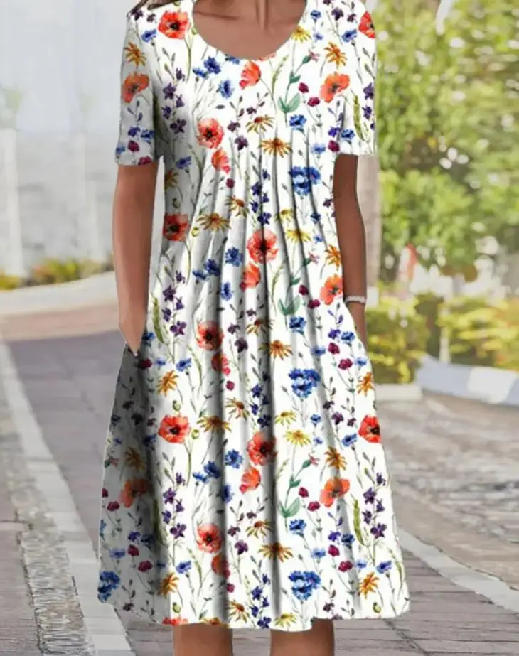 Summer Dresses Women 2022 Floral Print Pleated Detail Casual Fashion Round Neck Short Sleeve Mini Pocket Design Vacation Dress
Summer Dresses Women 2022 Floral Print Pleated Detail Casual Fashion Round Neck Short Sleeve Mini Pocket Design Vacation Dress