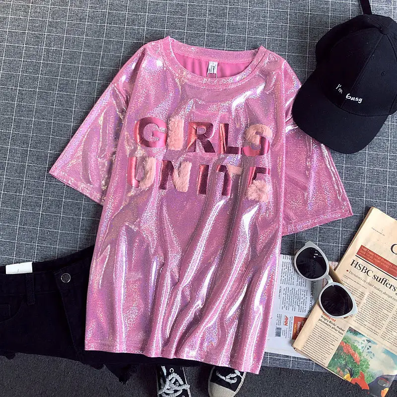 Summer New Glittering Letters Pink Short-sleeved T-shirt Half-sleeved Student Loose Bottoming Small Shirt Tops Woman Tshirts
Summer New Glittering Letters Pink Short-sleeved T-shirt Half-sleeved Student Loose Bottoming Small Shirt Tops Woman Tshirts