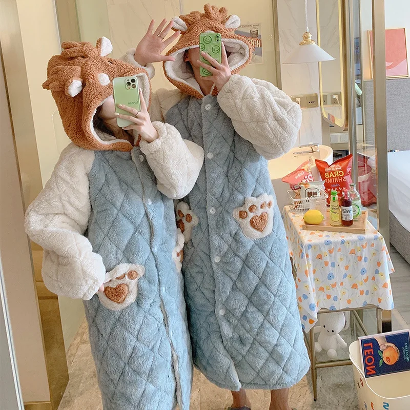 

Autumn Winter Bathrobes Cotton Warm Lengthened Kimono Gown Couple Flannel Robe Women Hooded Bathrobe Men Cartoon Home Clothes