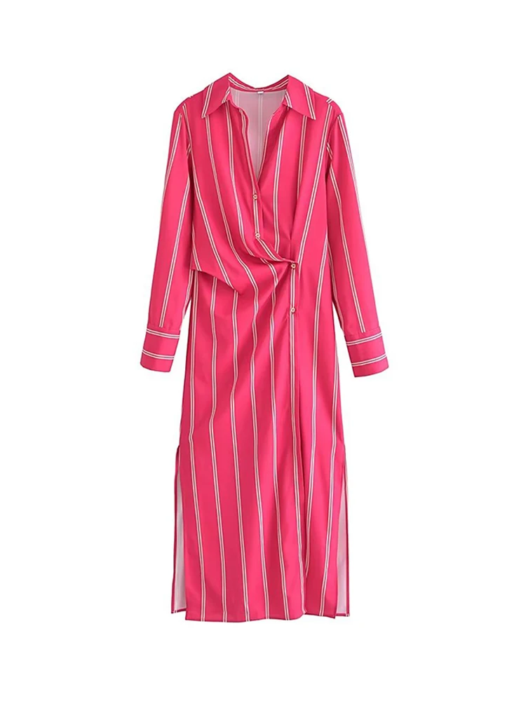 Women Rose Red Long Sleeve Turn-down Collar Shirt Dress 2022 Spring Autumn Striped Print Split Wrap Midi Dresses 2022
Women Rose Red Long Sleeve Turn-down Collar Shirt Dress 2022 Spring Autumn Striped Print Split Wrap Midi Dresses 2022