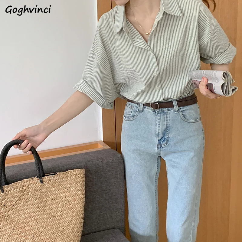 Shirts Women Loose Korean Style Trendy Office Lady Half Sleeve Daily Casual Summer Thin Striped New Basic Рубашки All-match Chic
Shirts Women Loose Korean Style Trendy Office Lady Half Sleeve Daily Casual Summer Thin Striped New Basic Рубашки All-match Chic