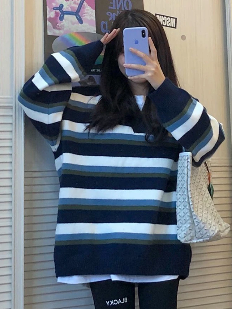 

Полосатые свитера в стиле преппи, женские осенне-зимние шикарные повседневные свободные вязаные пуловеры в Корейском стиле, уличная одежда, трикотажные топы для подростков