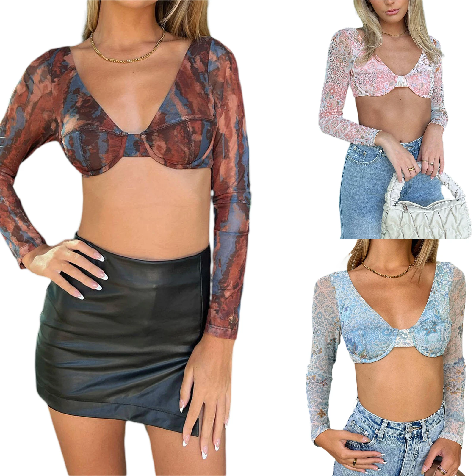 Women Long Sleeve Tops with Chic Print, Skinny Fit Deep V Neck Navel Spring Clothing
Women Long Sleeve Tops with Chic Print, Skinny Fit Deep V Neck Navel Spring Clothing