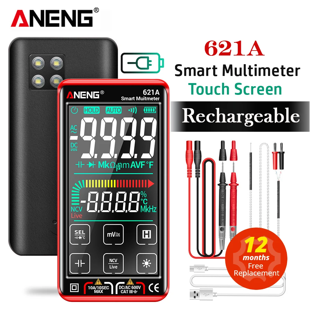 

ANENG 621A Smart Digital Multimeter Touch Screen Multimetro Tester transistor 9999 Counts True RMS Auto Range DC/AC 10A Meter