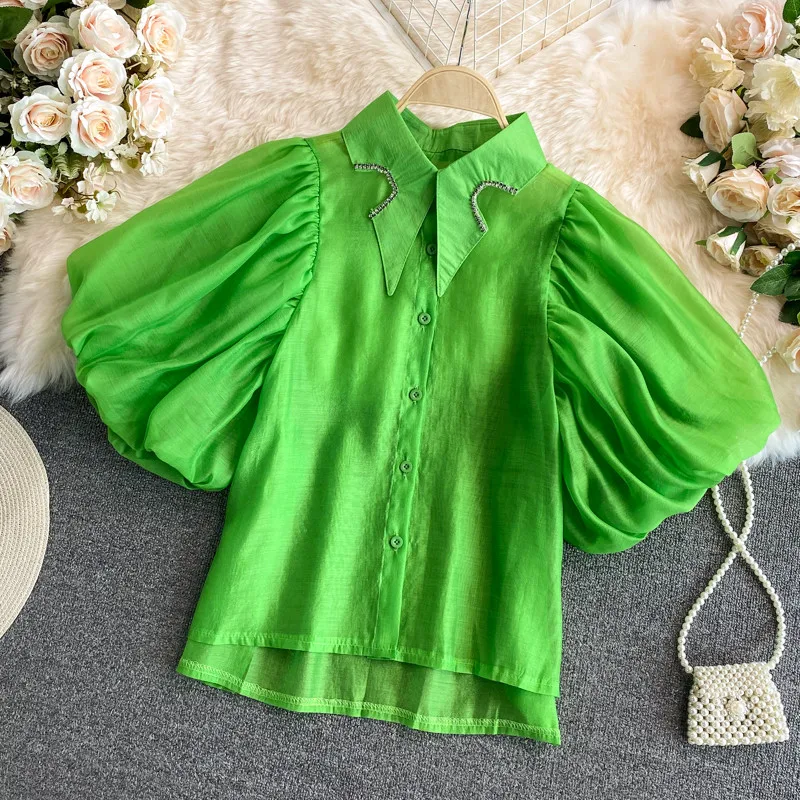 Women Retro Palace Style Irregular Rhinestones Collar Shirts Crop Top Short Puff Sleeve Cute Blouse Fashion Sheer Fairy Blusa
Women Retro Palace Style Irregular Rhinestones Collar Shirts Crop Top Short Puff Sleeve Cute Blouse Fashion Sheer Fairy Blusa