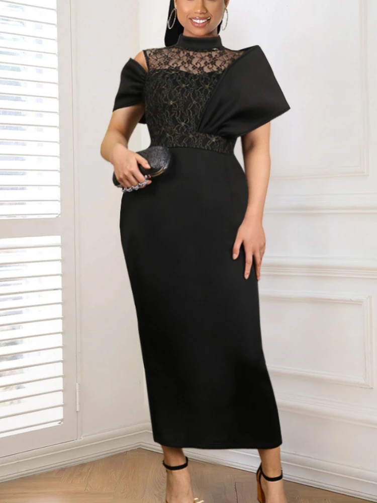 Women Elegant Formal Gowns Hollow High Neck Bare Shoulder Lace Stitching Sexy Long Black Evening Party Event Wear 4XL
Women Elegant Formal Gowns Hollow High Neck Bare Shoulder Lace Stitching Sexy Long Black Evening Party Event Wear 4XL