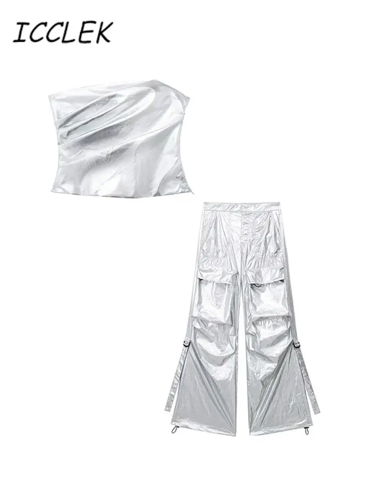 Traf Sexy Women's Summer Trouser Suit Silver High Waist Floor-length Wide Leg Cargo Pants Slim Crop Top Vest Two-piece for Women 
Traf Sexy Women's Summer Trouser Suit Silver High Waist Floor-length Wide Leg Cargo Pants Slim Crop Top Vest Two-piece for Women