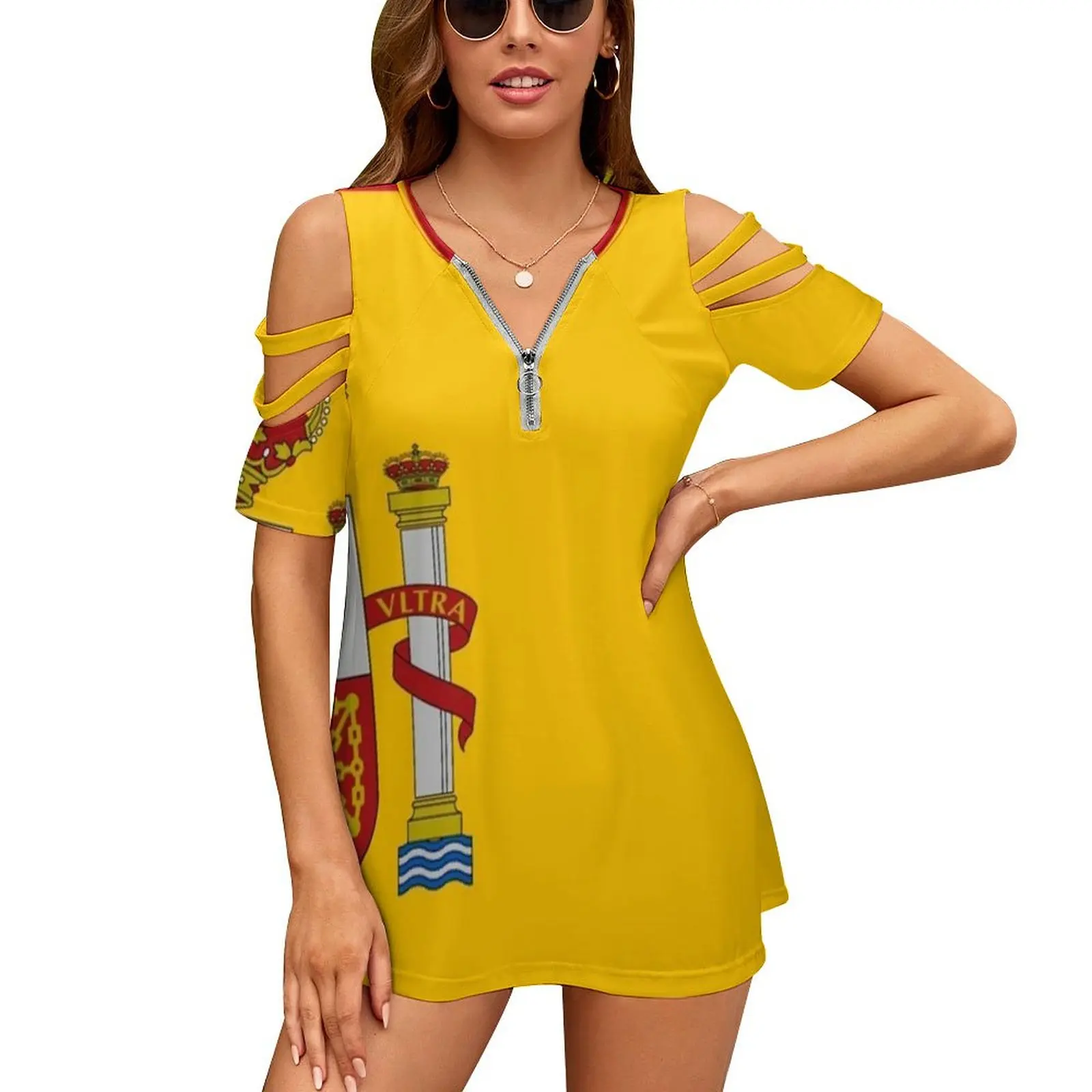

Женский топ с открытыми плечами, рубашка с коротким рукавом и молнией, флаг Испании, испании
