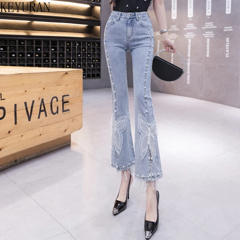Beading Embroidery Butterfly Flared Jeans Women Blue Slim Elastic Skinny Fashion Leisure High Waist Denim Pants Female Trousers
Beading Embroidery Butterfly Flared Jeans Women Blue Slim Elastic Skinny Fashion Leisure High Waist Denim Pants Female Trousers