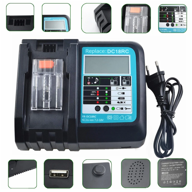 Li-ion Battery Charger for Makita Battery Charger 18V 14.4V BL1860, BL1850, BL1840, BL1830, BL1820, BL1415, BL1440 DC18RC 3A
Li-ion Battery Charger for Makita Battery Charger 18V 14.4V BL1860, BL1850, BL1840, BL1830, BL1820, BL1415, BL1440 DC18RC 3A