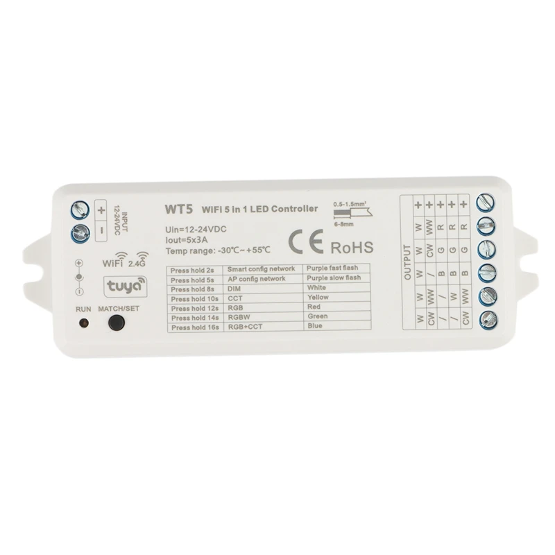 Tuya LED Controller 5 In 1 Dimmer CCT RGB RGBW RGBWW RGBCCT Strip Smart Life Wifi 2.4G RF Remote Controller 12-24V WT5
Tuya LED Controller 5 In 1 Dimmer CCT RGB RGBW RGBWW RGBCCT Strip Smart Life Wifi 2.4G RF Remote Controller 12-24V WT5