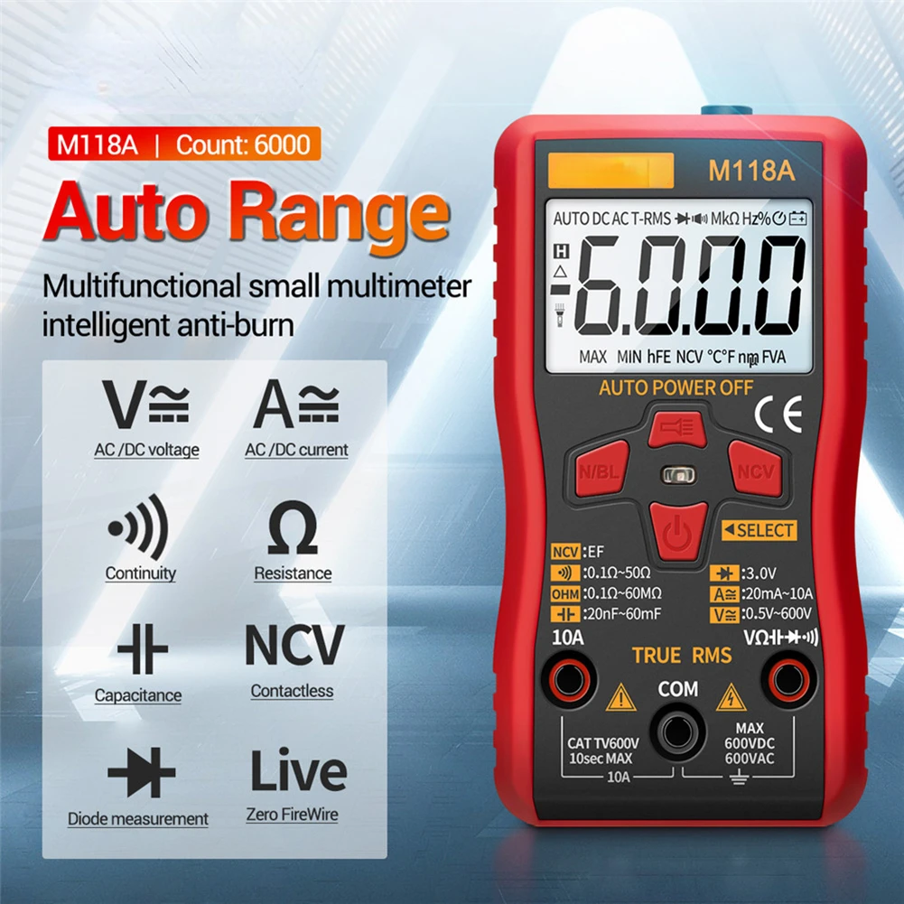 M118A Multimeter 6000 Counts Auto Ranging True RMS AC/DC Electrical Voltage Current Meter NCV Tester Capacitance Meter
M118A Multimeter 6000 Counts Auto Ranging True RMS AC/DC Electrical Voltage Current Meter NCV Tester Capacitance Meter
