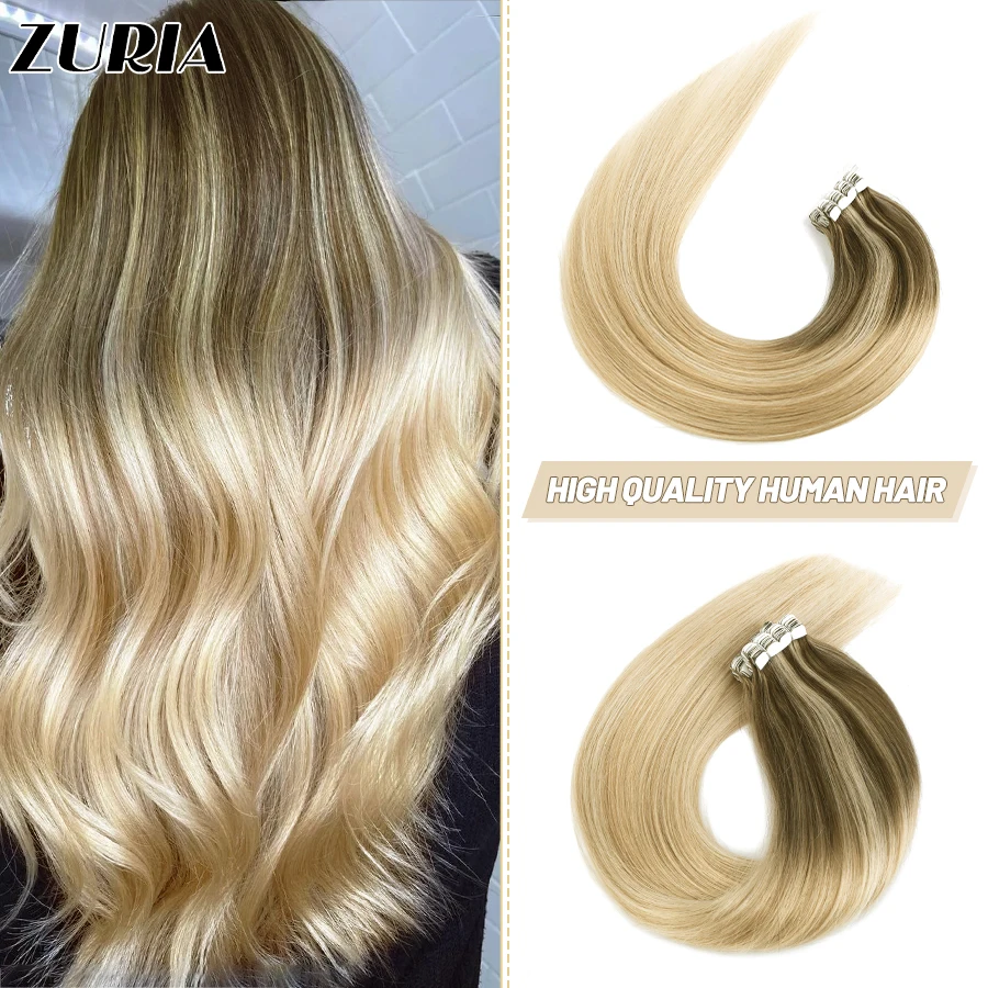

ZURIA Mini Tape in Human Hair Extensions 22/24'' Invisible Skin Weft Adhesive Blonde Natural Straight Hairpieces For Women Salon