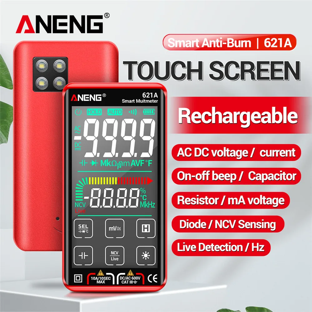 621A Smart Digital Multimeter Touch Screen Multimetro Tester transistor 9999 Counts True RMS Auto Range DC/AC 10A Meter
621A Smart Digital Multimeter Touch Screen Multimetro Tester transistor 9999 Counts True RMS Auto Range DC/AC 10A Meter