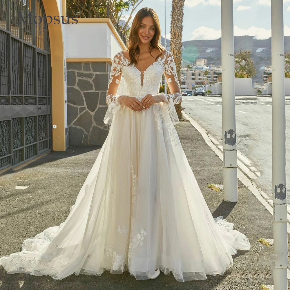 

Luxury Wedding Dress Deep V Neck Lace Appliques Long Flare Sleeves A Line Tulle Wedding Gowns Robe De Mariee Vestidos De Novia