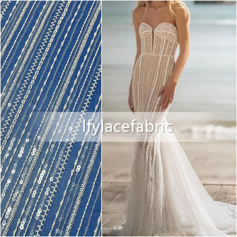 LFY New style strip embroidery sequins off white bride wedding french tulle lace fabric 1 yard
LFY New style strip embroidery sequins off white bride wedding french tulle lace fabric 1 yard