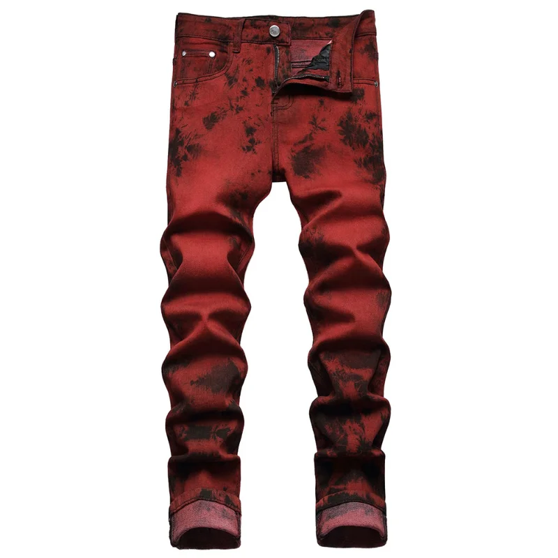 

Men Tie and Dye Stretch Denim Jeans Brick Red Slim Straight Pants Streetwear Trousers