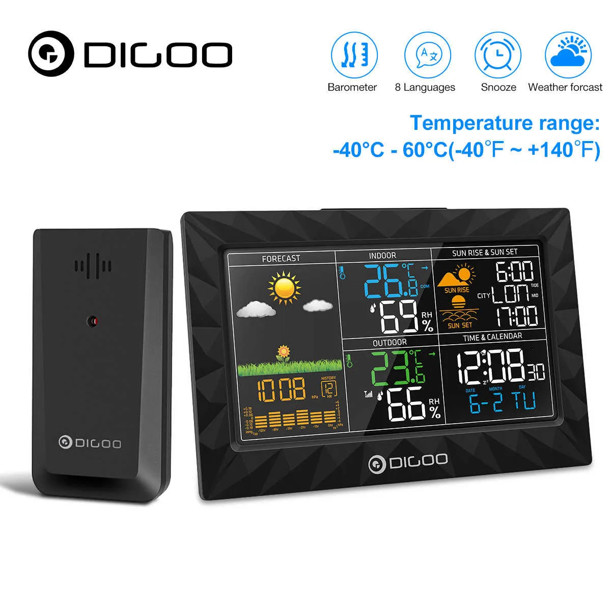DIGOO DG-TH8988 3CH LCD Color Weather Station Outdoor Remote Sensor Thermometer Humidity Snooze Clock Sunrise Sunset Calendar
DIGOO DG-TH8988 3CH LCD Color Weather Station Outdoor Remote Sensor Thermometer Humidity Snooze Clock Sunrise Sunset Calendar