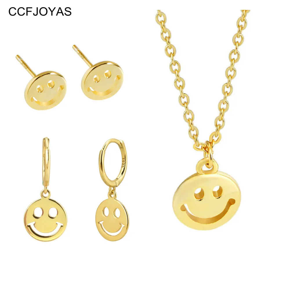CCFJOYAS 100% 925 Sterling Silver Smiley Face Earrings/Necklace Set Simple ins Korean Style Gold Color Fine Jewelry Set Gift
CCFJOYAS 100% 925 Sterling Silver Smiley Face Earrings/Necklace Set Simple ins Korean Style Gold Color Fine Jewelry Set Gift