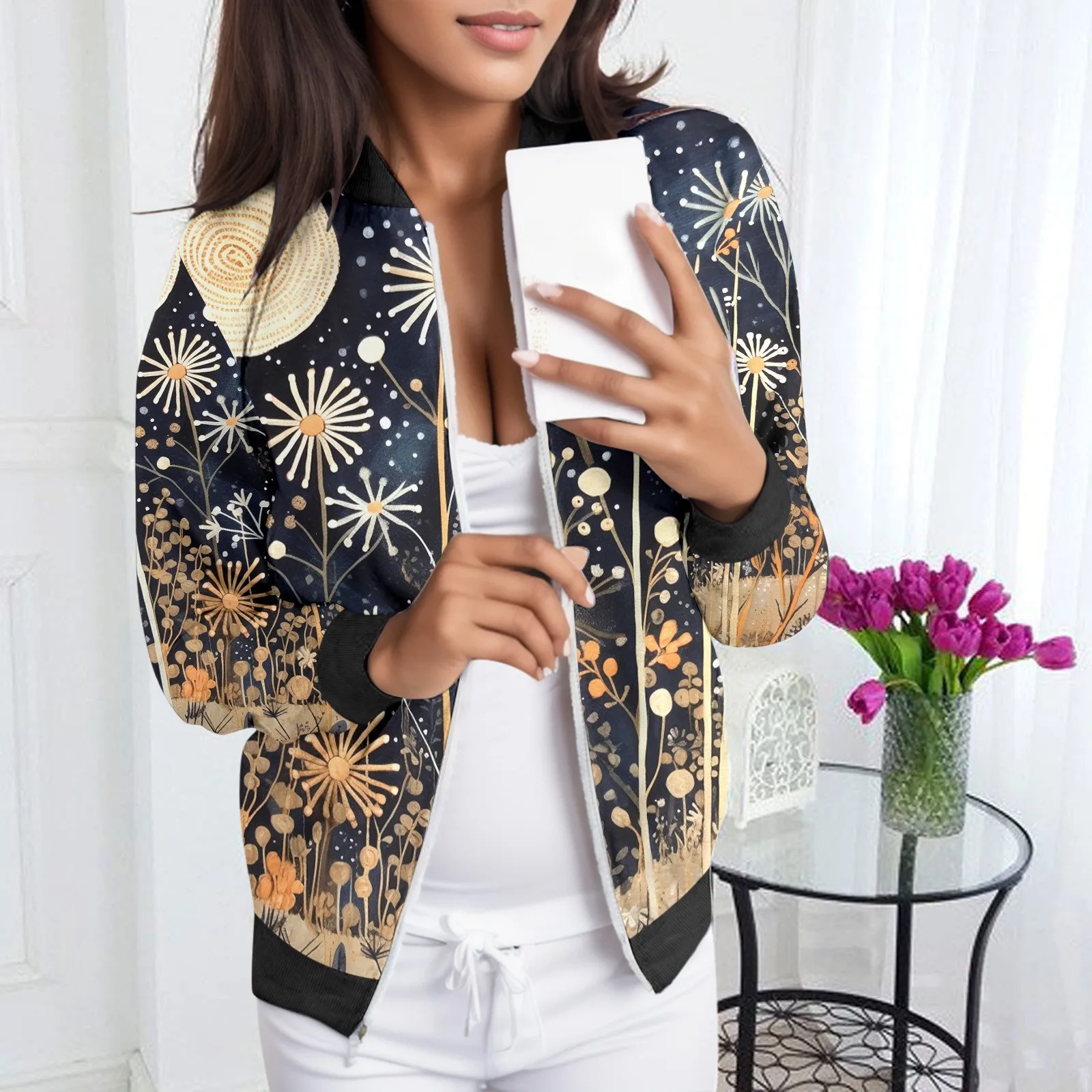 Женская куртка-бомбер с длинным рукавом, на молнии
Женская куртка-бомбер с длинным рукавом, на молнии