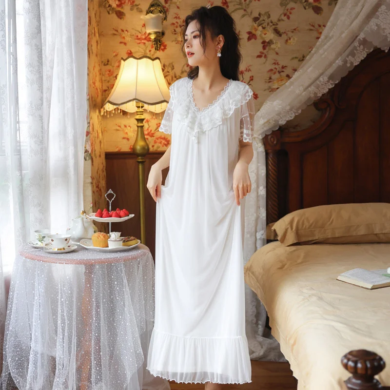 Short Sleeve Nightdress Lady Summer Modal Lace Princess Sweet Court Style Mesh Pajamas Loose Outside Home Clothes
Short Sleeve Nightdress Lady Summer Modal Lace Princess Sweet Court Style Mesh Pajamas Loose Outside Home Clothes
