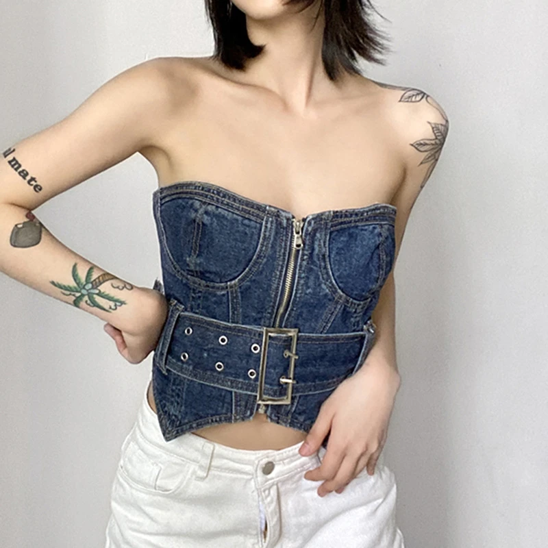 Women Strapless Tops Sexy Club Slim Gothic Backless Zipper Belt Y2k Fashion Cropped Top Asymmetric Hem Girl Denim Tank Top Blue
Women Strapless Tops Sexy Club Slim Gothic Backless Zipper Belt Y2k Fashion Cropped Top Asymmetric Hem Girl Denim Tank Top Blue