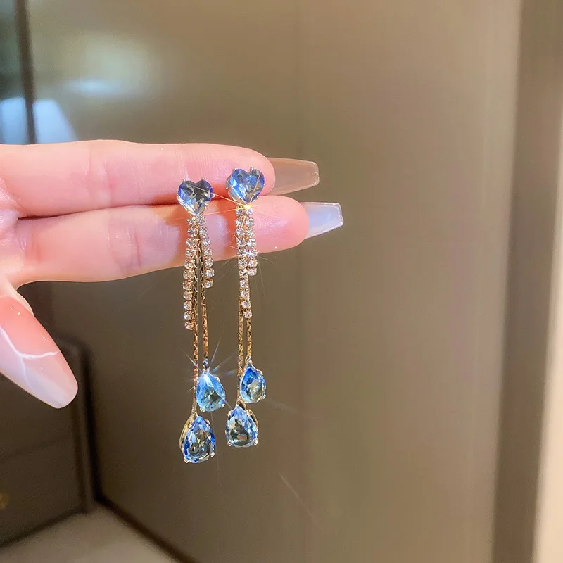 

Minar Luxury Blue Color Sparkly CZ Cubic Zirconia Water Drop Earring for Women Love Heart Long Tassel Dangle Earrings Brincos
