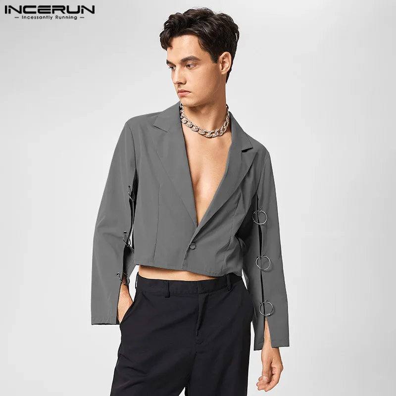 

Handsome Well Fitting Tops INCERUN Men's Sleeve Mesh Ring Buckle Decorative Suits Party Shows Male Short Solid Blazer S-5XL 2022