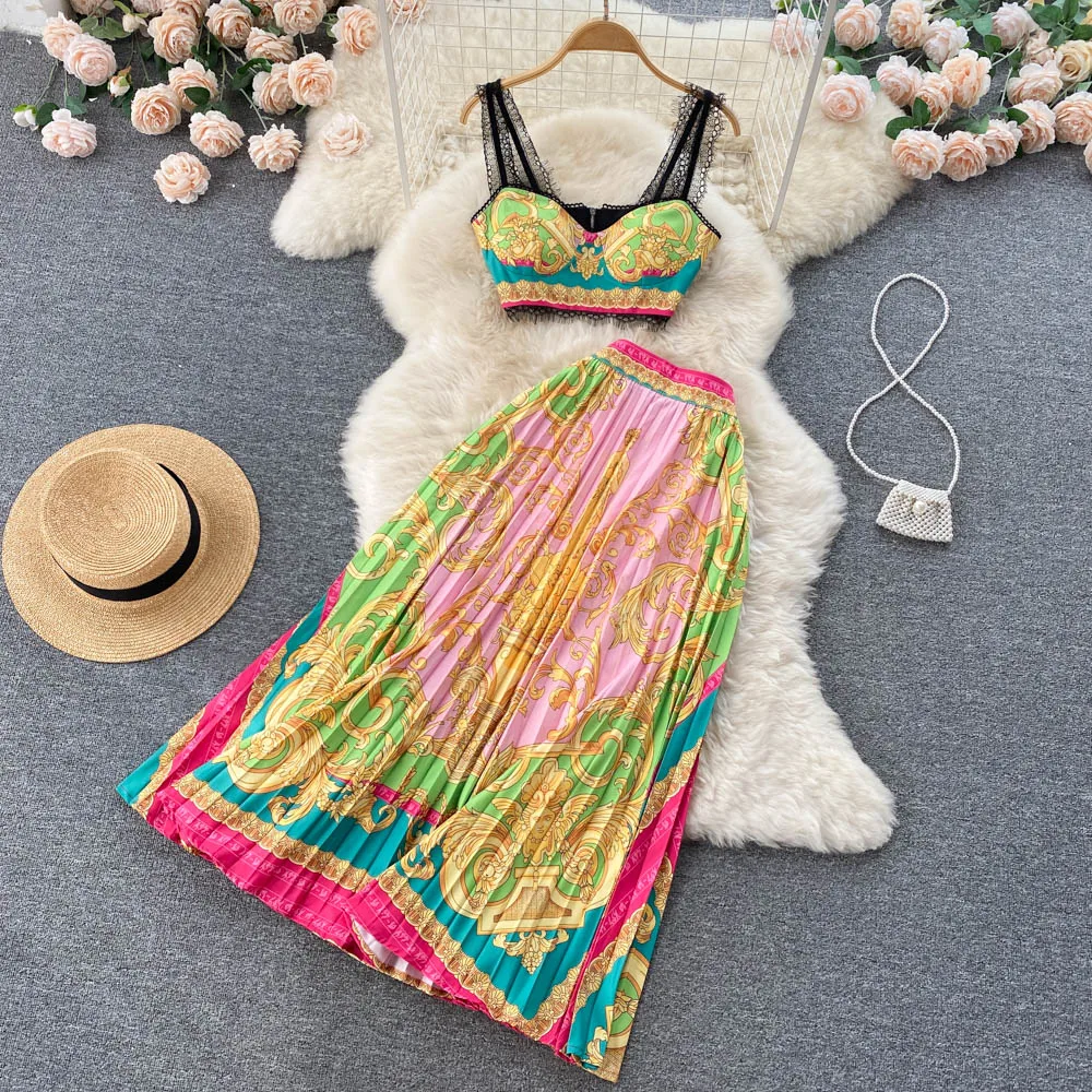 2022 Summer New Holiday Style 2 pcs Suit Women Lace Stitching Short Top + Printed Pleated Skirt Two Piece Set Women
2022 Summer New Holiday Style 2 pcs Suit Women Lace Stitching Short Top + Printed Pleated Skirt Two Piece Set Women