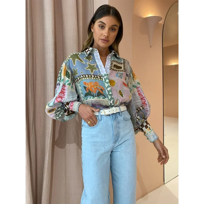 Print Long Lantern Sleeve Shirt Women Top Holiday Fashion Single Breasted Lapel Loose Shirts Female Summer 2023 Beach Colorful
Print Long Lantern Sleeve Shirt Women Top Holiday Fashion Single Breasted Lapel Loose Shirts Female Summer 2023 Beach Colorful