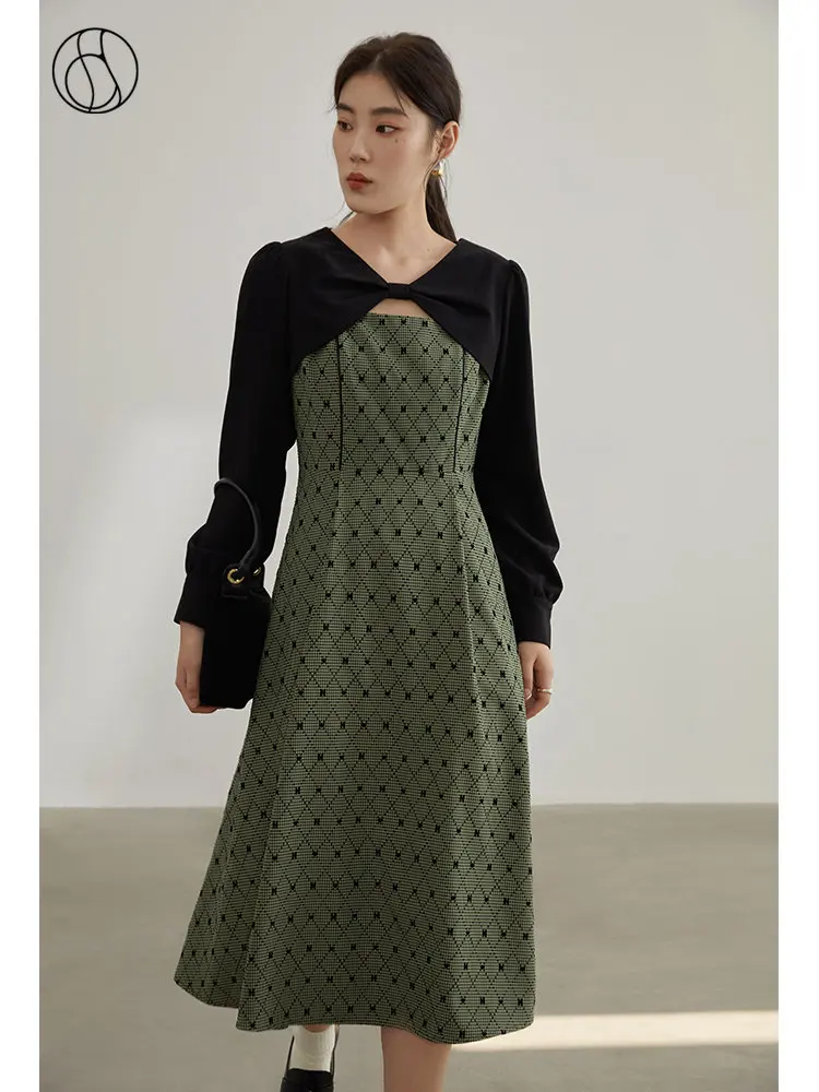 DUSHU Elegant Bow Knot Contrast Color Stitching V-neck Dress Women Autumn Winter Fake Two-piece Design Sense Slim Dress Female
DUSHU Elegant Bow Knot Contrast Color Stitching V-neck Dress Women Autumn Winter Fake Two-piece Design Sense Slim Dress Female