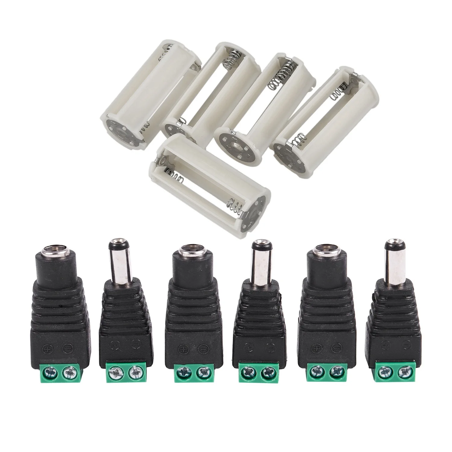 

RISE-5X Serial Connection 3X 1.5V AA Battery Plastic Holder & 6 Pcs 5.5X2.1Mm Female + Male CCTV DC Power Connector Adapter