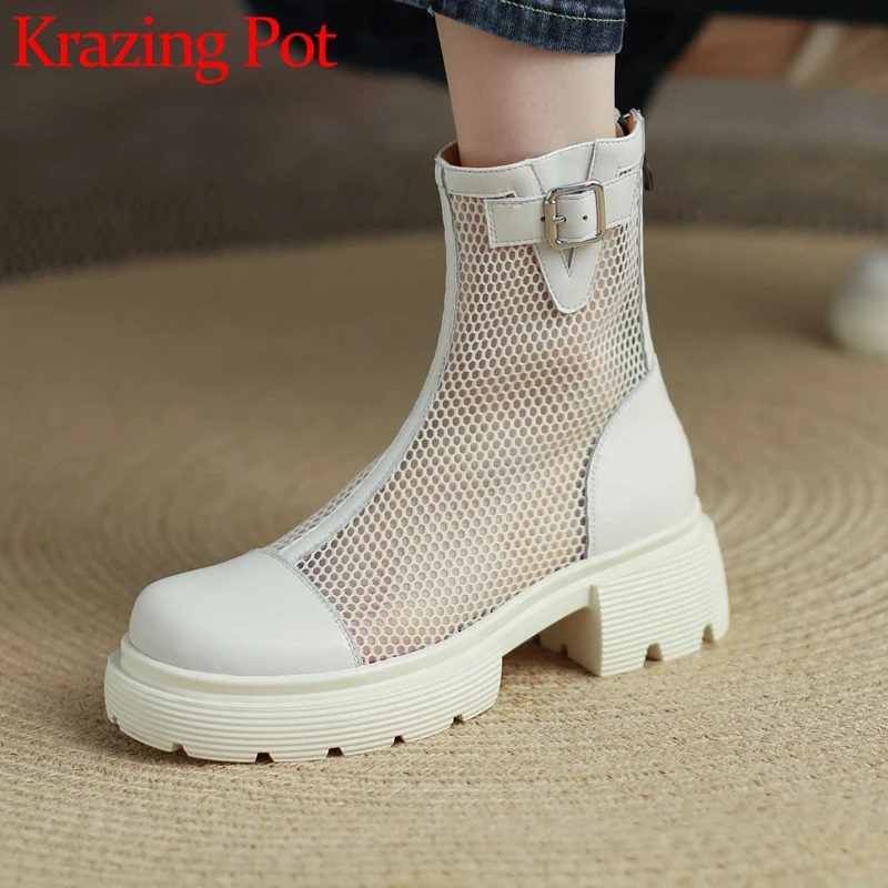 Krazing Pot Genuine Leather Round Toe High Heel Thick Bottom Summer Boots Sun Protection Breathable Fashion Cozy Ankle Boots L13
Krazing Pot Genuine Leather Round Toe High Heel Thick Bottom Summer Boots Sun Protection Breathable Fashion Cozy Ankle Boots L13