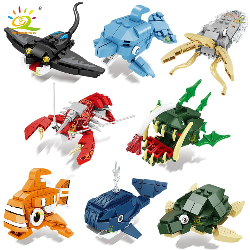 

Строительные блоки серии HUIQIBAO, креативные морские животные, 3D DIY, Кит, дьявол, рыба, Лобстер, детские игрушки