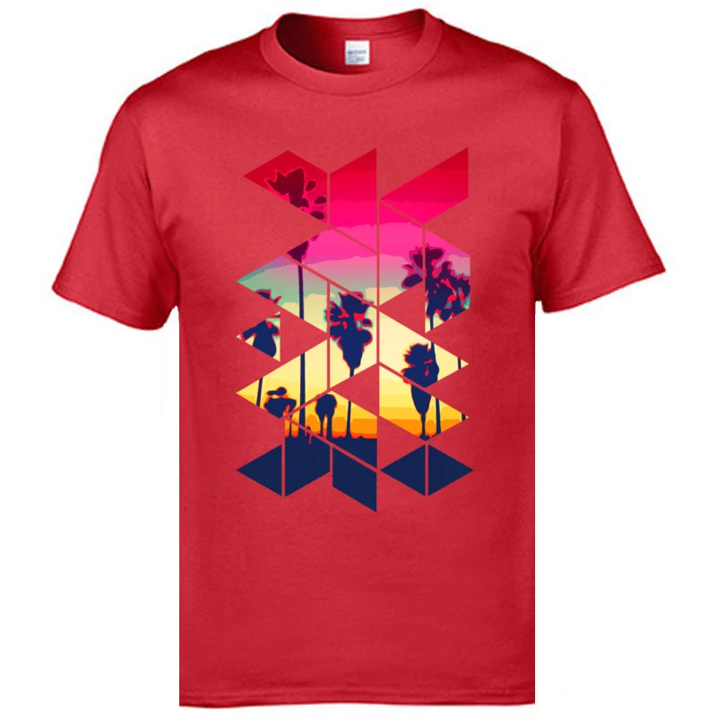 

Top Quality Men's T-Shirts 100% Breathable Cotton California Palm Beach Sunset Geometric Shape Scenic Tshirts Blue Male Tees