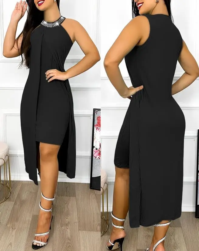 

Women's Dresses 2023 Summer Fashion Rhinestone Sleeveless Ruched Asymmetrical Casual Mock Neck Daily Ruched Slit Dress