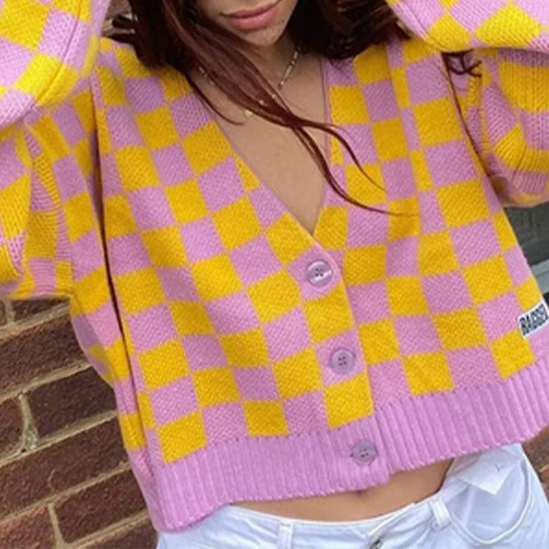 Cardigan Knitted V-neck Argyle Long Sleeve Sweet Single Breasted Short Sweaters Female Autumn Winter Women's Sweater Cardigans
Cardigan Knitted V-neck Argyle Long Sleeve Sweet Single Breasted Short Sweaters Female Autumn Winter Women's Sweater Cardigans