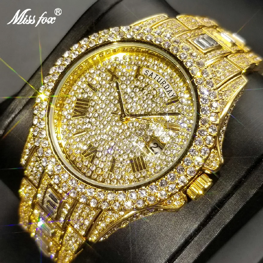 MISSFOX New Day Date Watch For Men Luxury Full Diamond Gold Quartz Wristwatch Hip Hop Iced Out Waterproof Watches Dropshipping
MISSFOX New Day Date Watch For Men Luxury Full Diamond Gold Quartz Wristwatch Hip Hop Iced Out Waterproof Watches Dropshipping