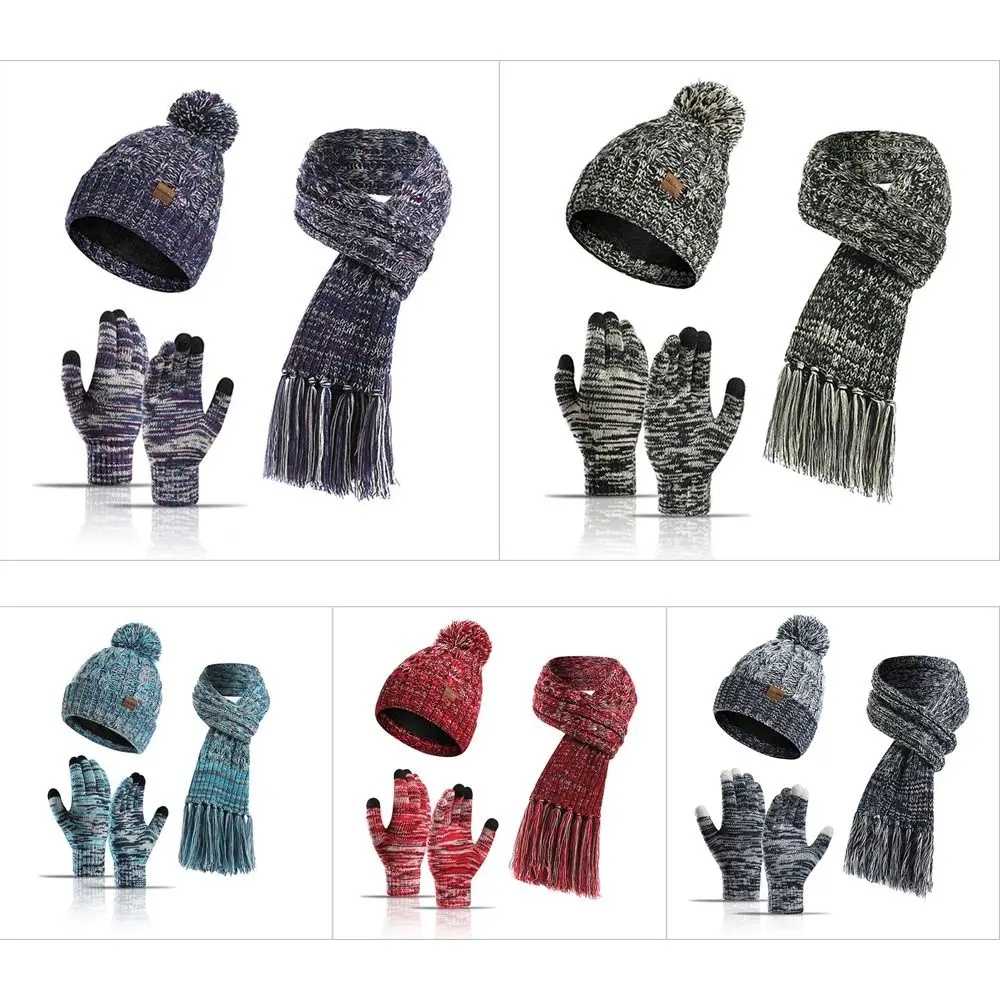 

Gift Neck Warmer Cold Protection Winter Warm Knitted Cap Suit Striped Woolen Caps Pompon Hats Hat Scarf Gloves Set