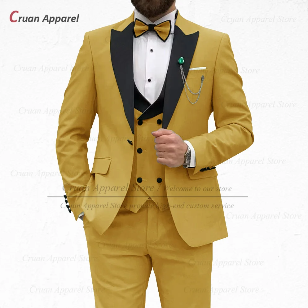 

2023 Gold Color Suit for Men Slim fit Prom Wedding Groom Tuxedos Tailor-made Fashion Homecoming Mens Blazer Vest Pants 3 Pieces