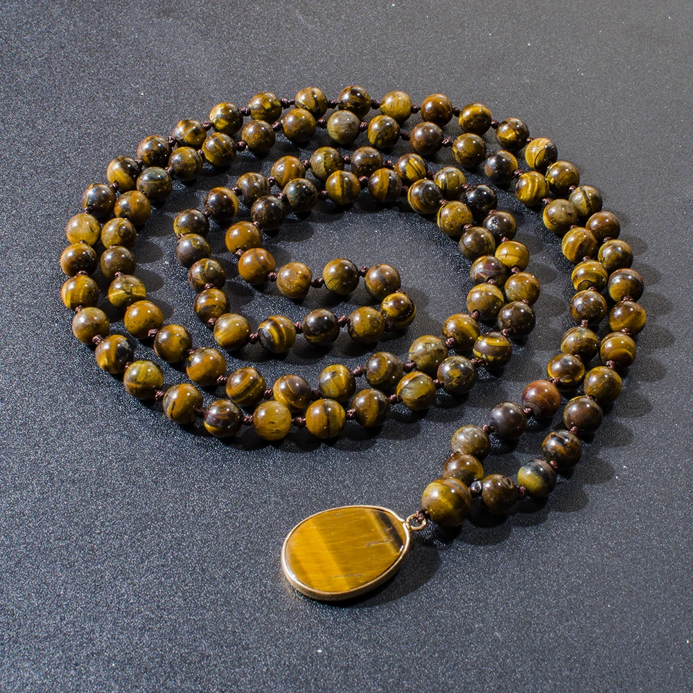 

8mm Yellow Tiger Eye Bead Knot 108 Mala Necklace Meditation Yoga Prayer Jewelry Tiger Eye Pendant for Men and Women