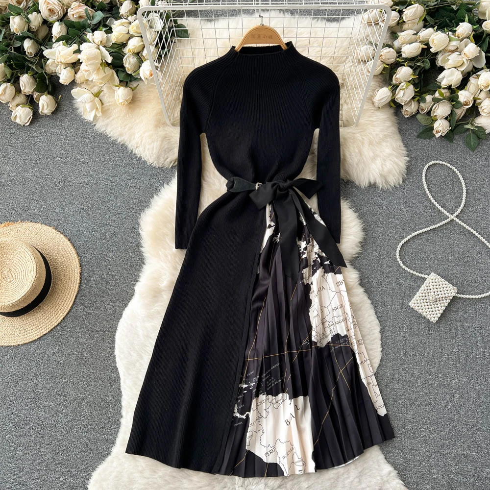Spring Autumn Midi Dress for Women Knitted Patchwork Lerrgular Female Robe Chic Stand Collar Elegant Black Slim Bow Oarty Office
Spring Autumn Midi Dress for Women Knitted Patchwork Lerrgular Female Robe Chic Stand Collar Elegant Black Slim Bow Oarty Office