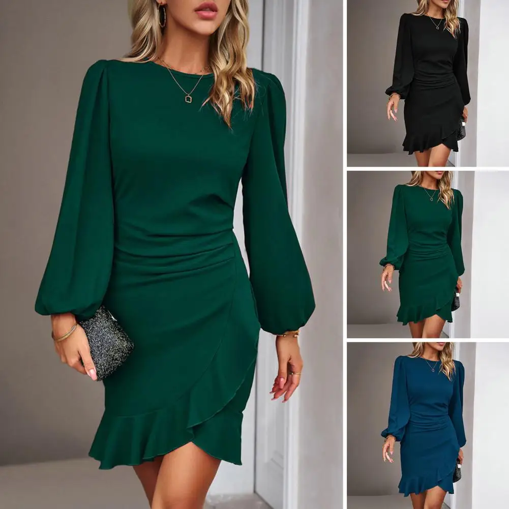 Mini Dress with Flared Long Sleeve Crew Neck Solid Color Irregular Ruffle Hem Office Lady Casual Short Dress
Mini Dress with Flared Long Sleeve Crew Neck Solid Color Irregular Ruffle Hem Office Lady Casual Short Dress