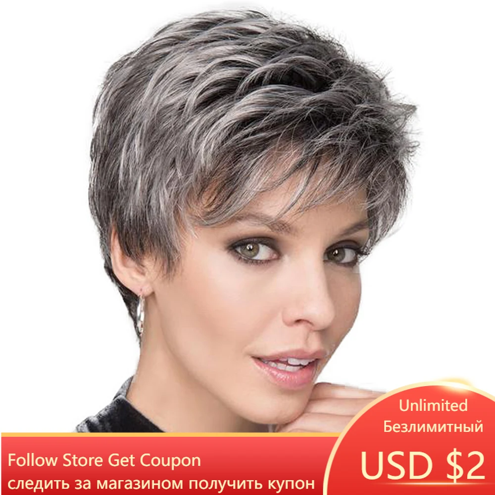 

GNIMEGIL Synthetic Wigs for Women Dark Grey Hair Natural Short Hairstyles Mommy Wig Straight Bob Wig with Bangs High Temperature