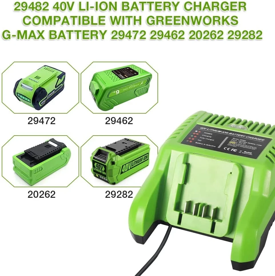 40V Lithium Ion Battery Charger 29482 Compatible with GreenWorks G40C Tools for G-Max 36V 40V Li-Ion Battery 29472 Power Tools
40V Lithium Ion Battery Charger 29482 Compatible with GreenWorks G40C Tools for G-Max 36V 40V Li-Ion Battery 29472 Power Tools