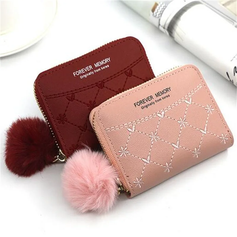 

Women's Small Embroidered Wallet with Hairball Tassel Ladies Pu Leather Zipper Coin Purses Credit Card Holder Clutch Money Bag